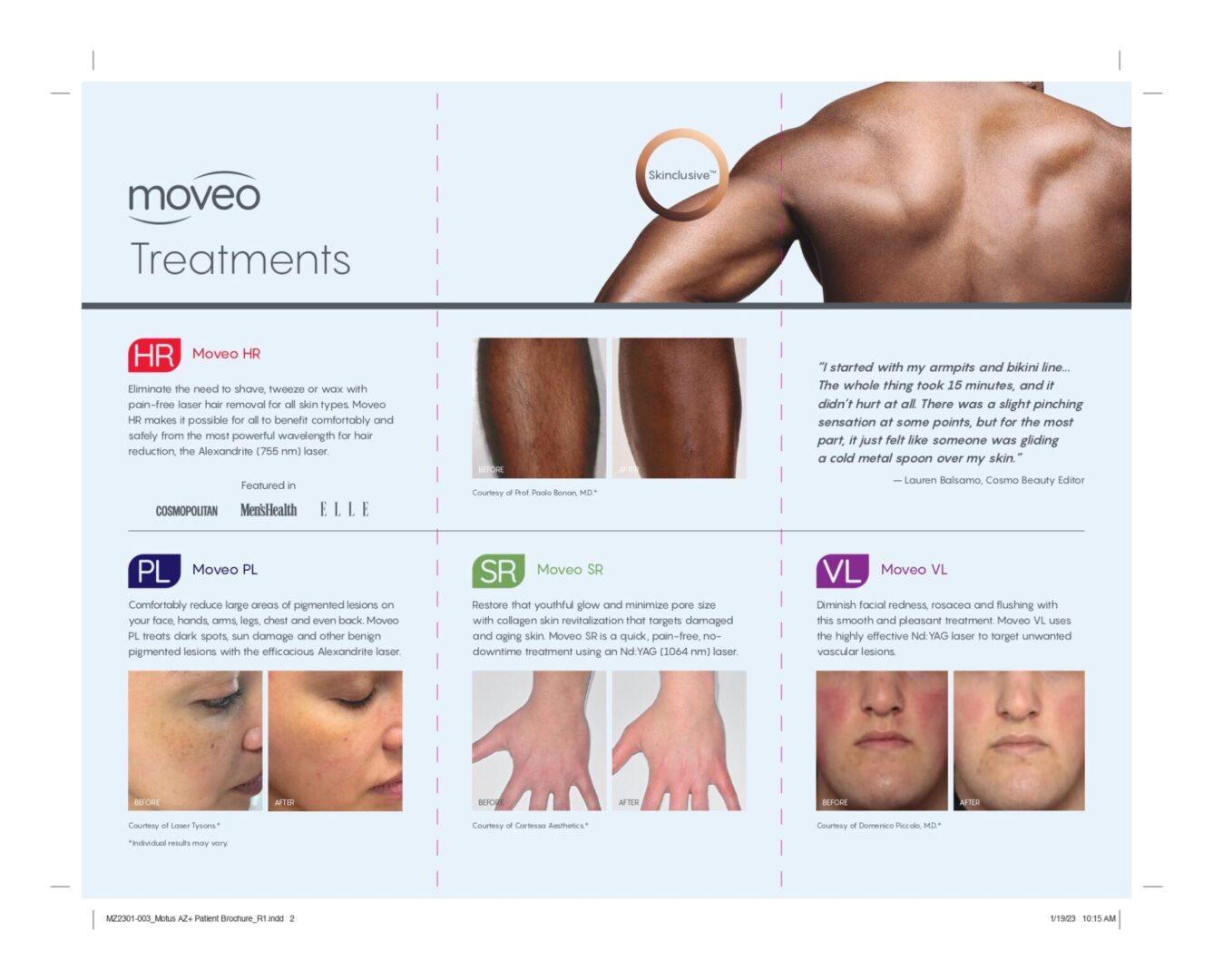 A man 's chest and arms with instructions for how to use the movado treatment.